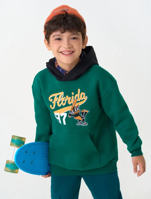 Áo nỉ bé trai mũ phối màu có hình in