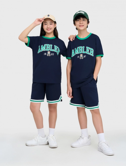 Bộ quần áo unisex trẻ em cộc tay quần chun có hình in dáng thể thao