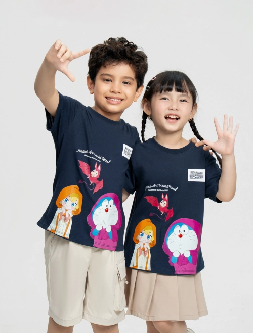 Áo phông unisex trẻ em cotton USA in hình Doraemon