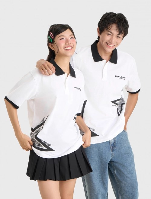 Áo polo unisex người lớn cotton dáng boxy có hình in