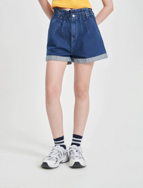 Quần soóc jeans nữ cotton cạp cao phối bèo dáng suông