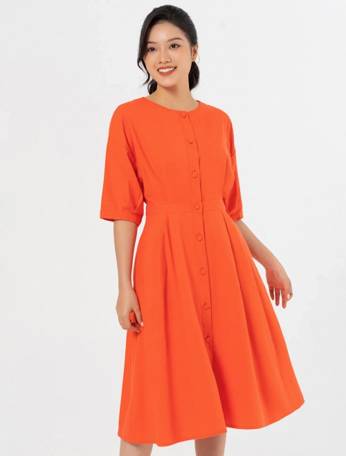 Váy liền nữ có lớp lót cổ tròn dúm eo dáng fit & flare