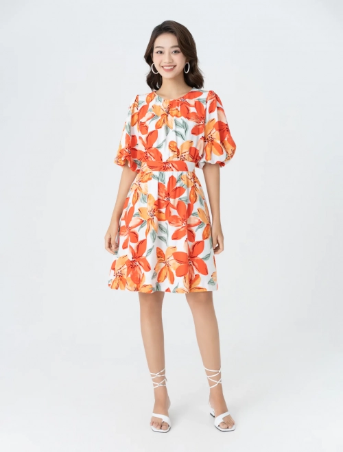 Váy liền nữ cổ tròn tay bồng in họa tiết