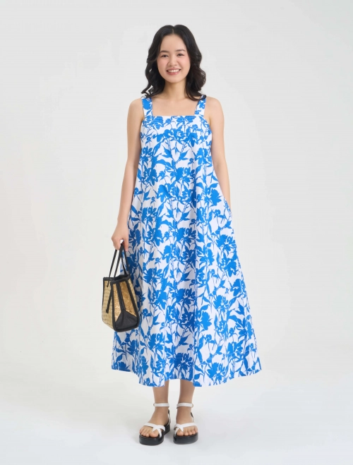 Đầm hai dây midi nữ cotton in họa tiết