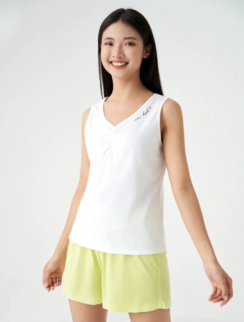 Bộ mặc nhà nữ áo cotton ba lỗ cổ tim quần đùi cạp chun