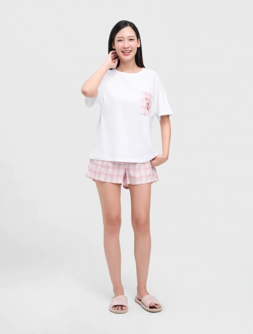 Bộ mặc nhà nữ phối quần kẻ dáng rộng