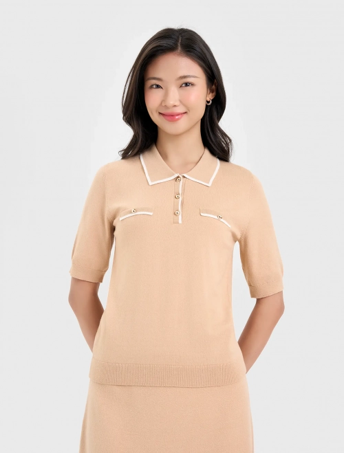 Áo len nữ cổ polo phối màu, tay lỡ dáng ôm vừa