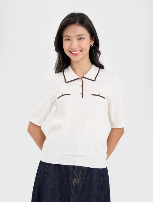 Áo len nữ cổ polo phối màu, tay lỡ dáng ôm vừa