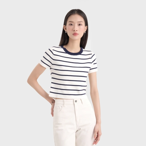 Áo len nữ ngắn tay dáng ôm kẻ sọc ngang