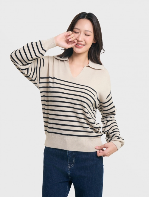 Áo len nữ cổ bẻ phối kẻ dáng suông