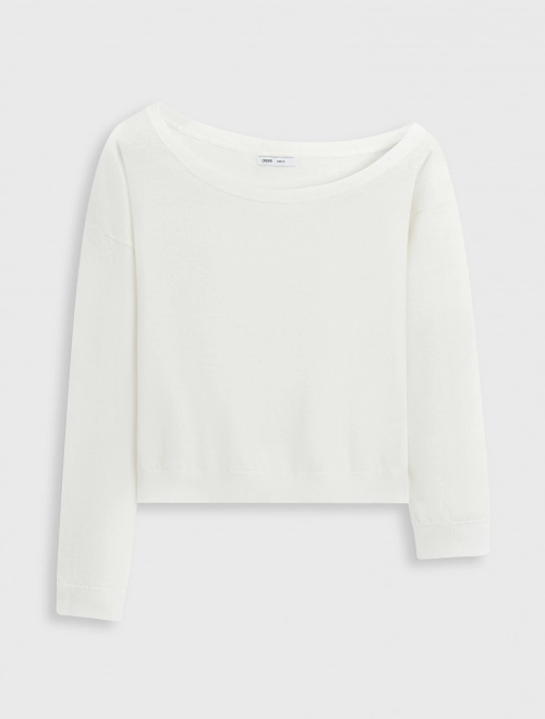 Áo len nữ cotton linen lệch vai