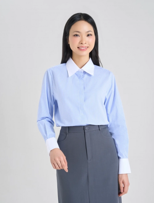 Áo sơ mi nữ kẻ phối màu dài tay dáng suông