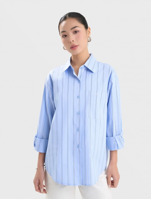 Áo sơ mi nữ dài tay họa tiết kẻ sọc có túi trước