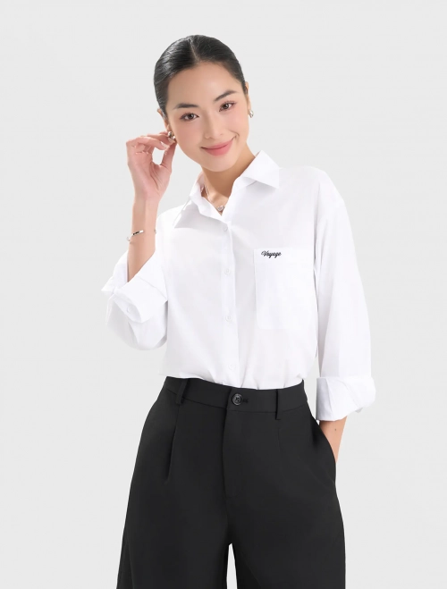 Áo sơ mi nữ dài tay họa tiết kẻ sọc có túi trước