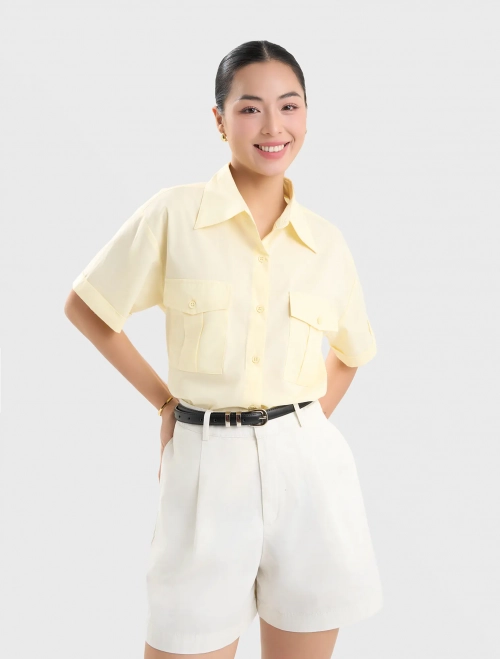 Áo sơ mi nữ cộc tay họa tiết kẻ sọc có túi trước