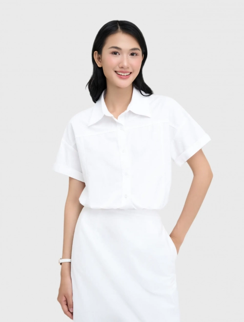 Áo sơ mi nữ dáng ngắn có dây rút ở eo