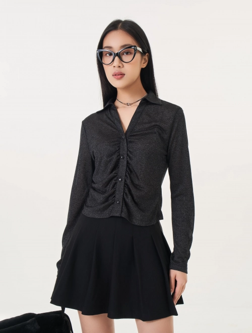 Áo kiểu nữ dài tay ánh nhũ cổ đức dáng ôm