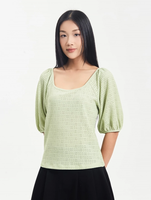 Áo kiểu nữ vải dệt họa tiết tay bồng