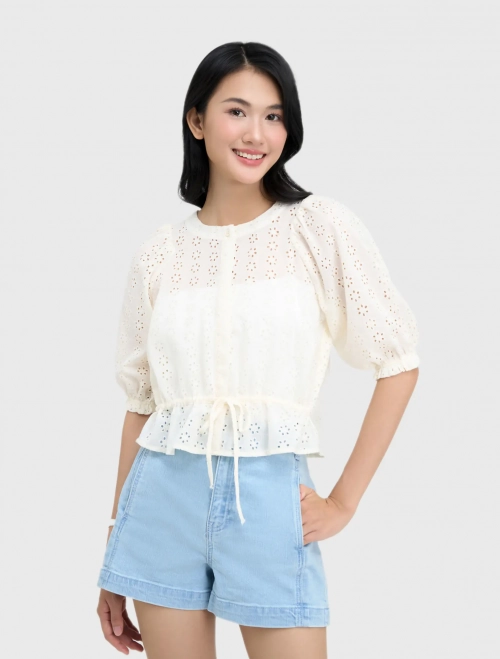 Áo kiểu nữ phom regular tay lửng phồng nhẹ có dây rút eo