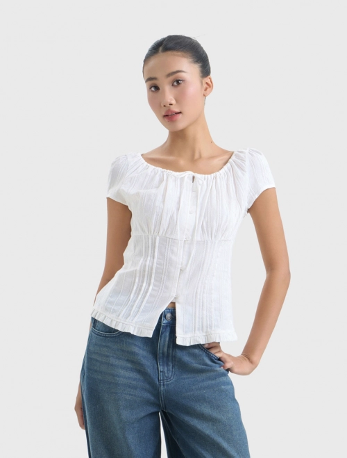 Áo kiểu nữ cotton nhún ngực phối ren