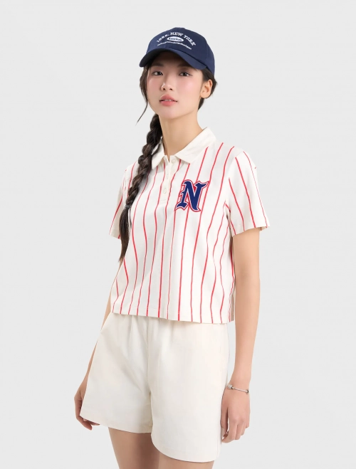 Áo polo nữ kẻ sọc cotton đính patch trang trí