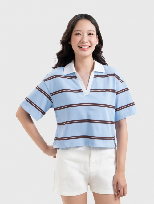 Áo polo nữ cotton kẻ sọc dáng rộng