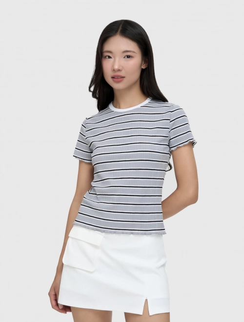 Áo phông nữ cổ tròn hoạ tiết kẻ dáng ôm