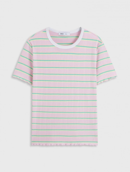 Áo phông nữ cổ tròn hoạ tiết kẻ dáng ôm