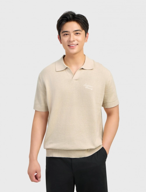 Áo polo len nam ngắn tay cotton linen dáng rộng