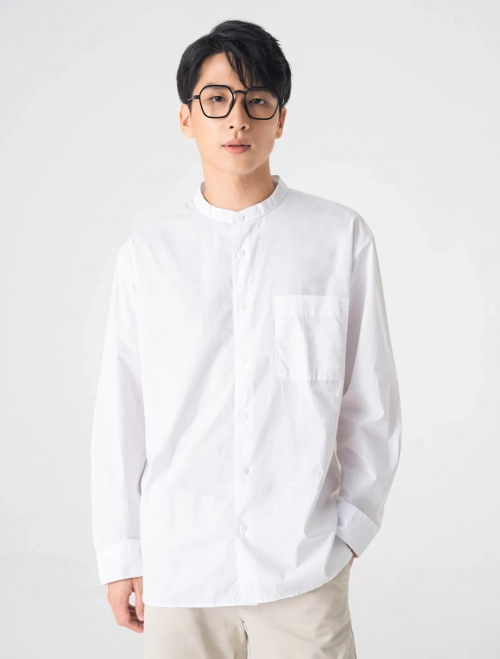 Áo sơ mi nam cotton cổ tàu tay dài dáng suông
