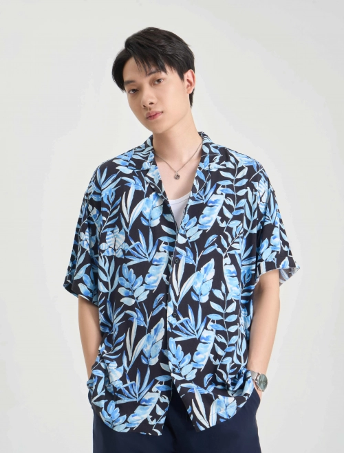 Áo sơ mi nam cộc tay viscose dáng rộng in hoạ tiết