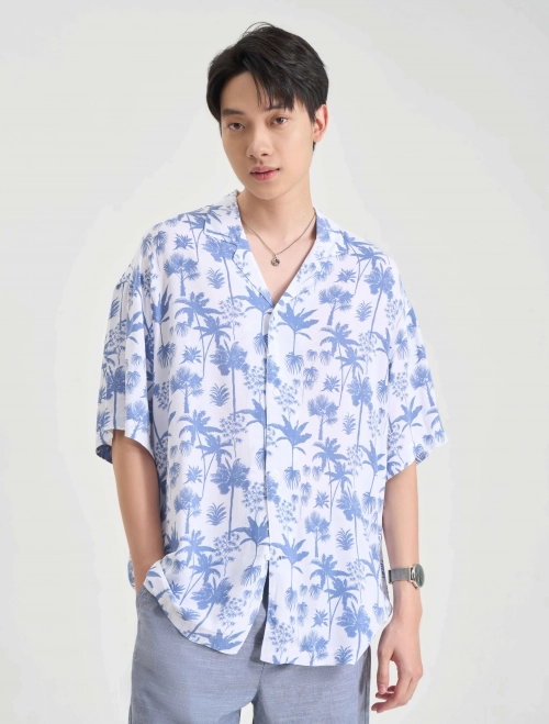 Áo sơ mi nam cộc tay viscose dáng rộng in hoạ tiết