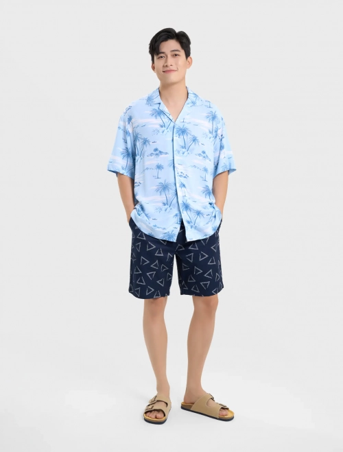 Áo sơ mi nam viscose dáng rộng hoạ tiết