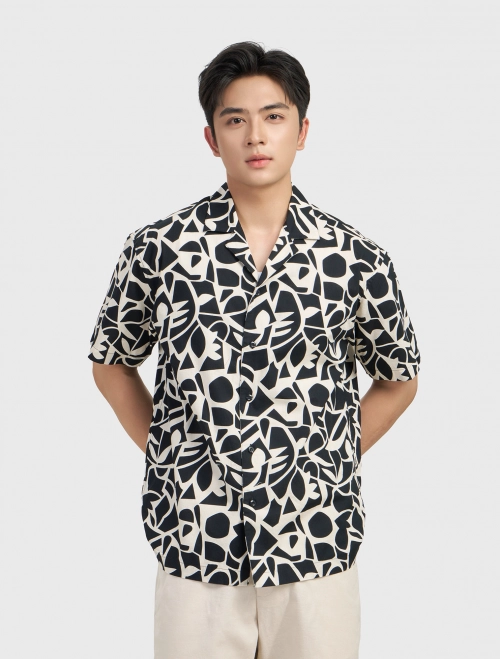 Áo sơ mi nam cotton họa tiết dáng rộng