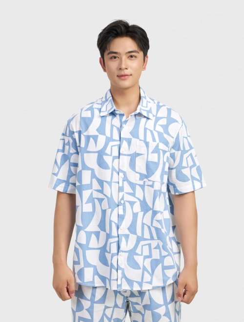 Áo sơ mi nam cotton họa tiết ngắn tay