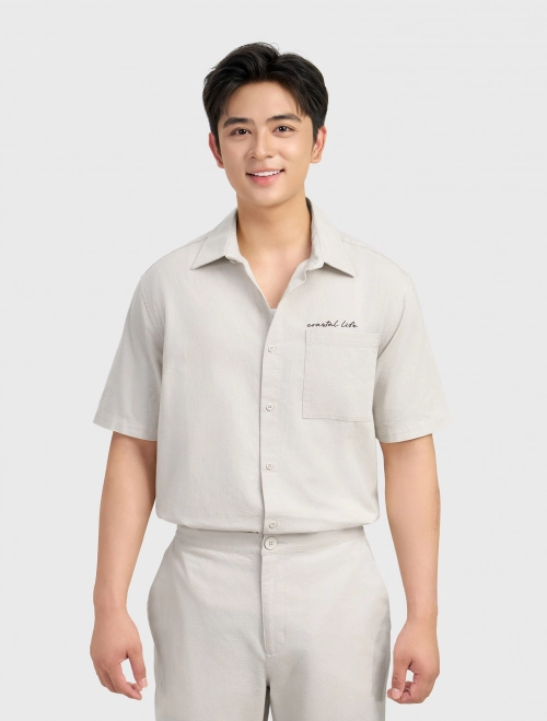 Áo sơ mi nam cotton họa tiết ngắn tay