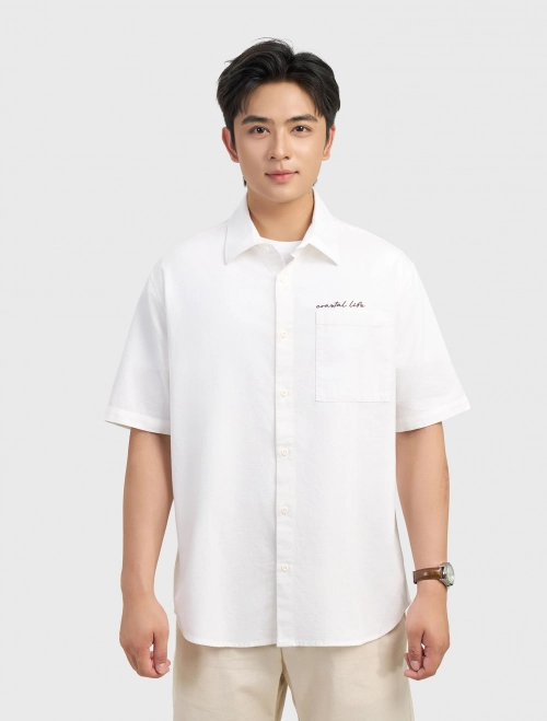Áo sơ mi nam cotton họa tiết ngắn tay
