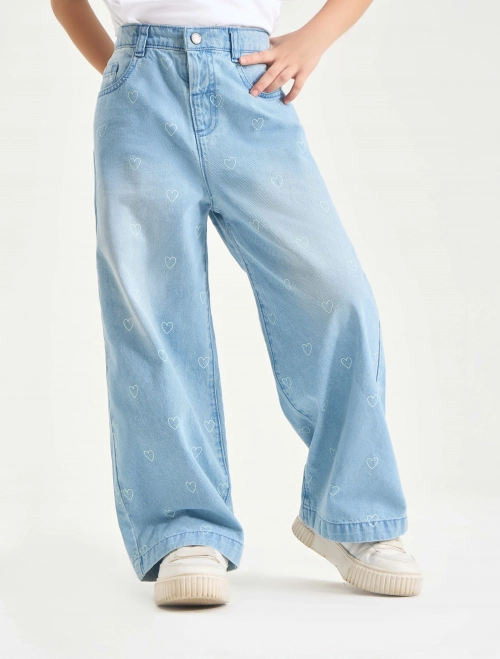 Quần jeans bé gái cạp cao ống rộng in hoạ tiết
