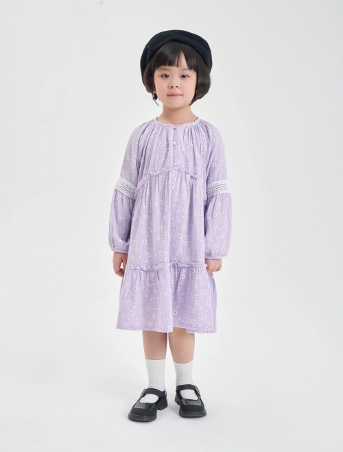 Váy liền dài tay bé gái cotton phối ren