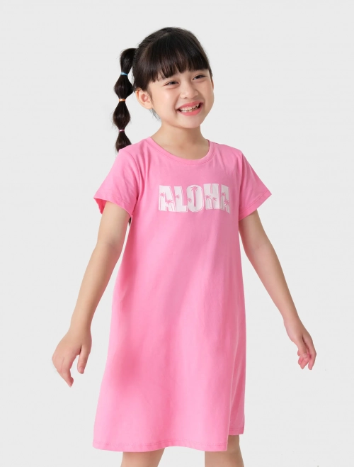 Váy liền bé gái cộc tay cổ tròn có hình in