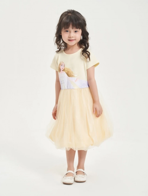 Váy liền bé gái cộc tay in hình Elsa