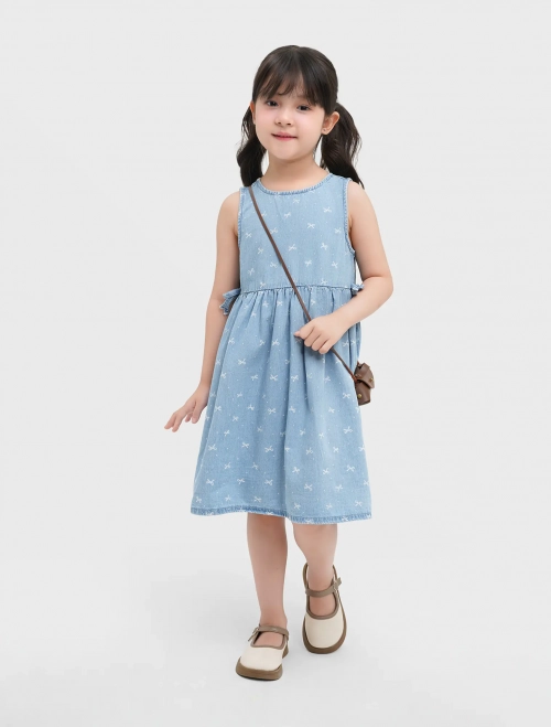 Váy liền bé gái cotton cổ tròn sát nách in họa tiết