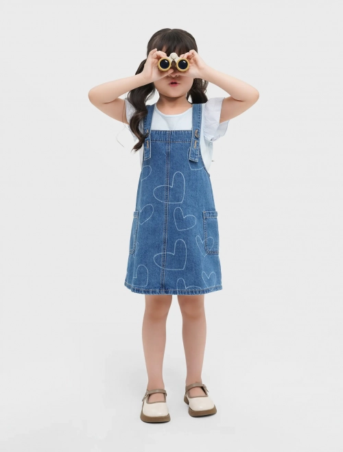 Váy yếm bé gái demin cotton đứng phom