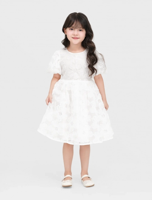 Váy liền bé gái tay bồng thân xòe lưới đính hoa kim sa