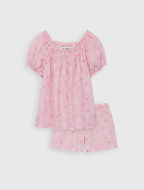 Bộ mặc nhà bé gái cổ vuông tay phồng quần soóc in họa tiết