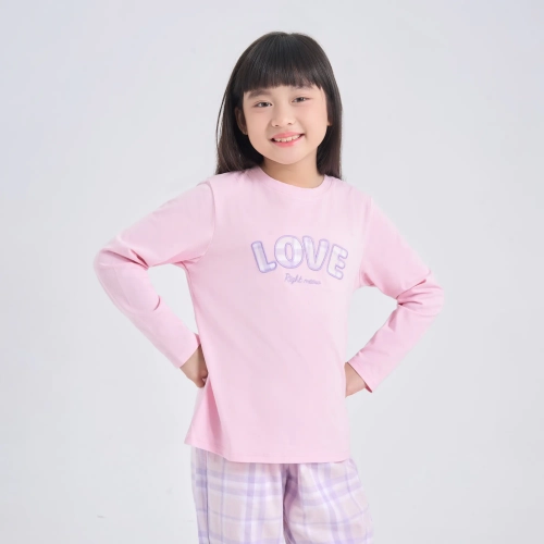 Bộ mặc nhà bé gái có hình in phối quần kẻ
