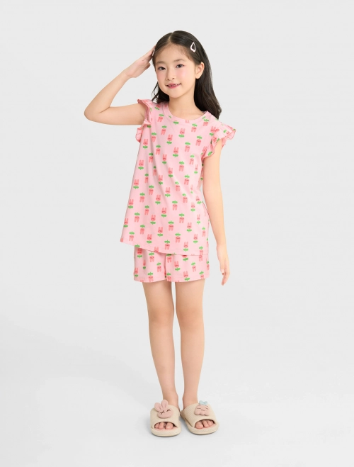 Bộ mặc nhà bé gái tay xòe in hoa tiết