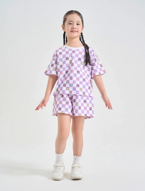 Bộ quần áo bé gái cotton cộc tay quần soóc hoạ tiết