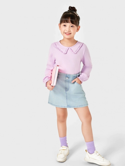 Áo phông bé gái cotton dài tay cổ lá nhọn cửa tay bo chun