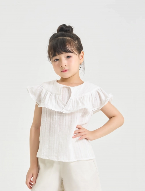 Áo kiểu bé gái cotton cổ tròn phối bèo